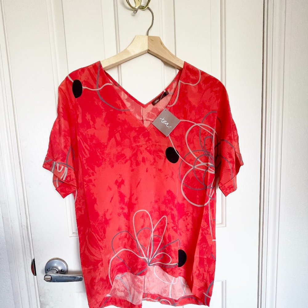 NEW Tea Collection Womens V Neck Floral Silk Blouse Top NWT S Poppy Red